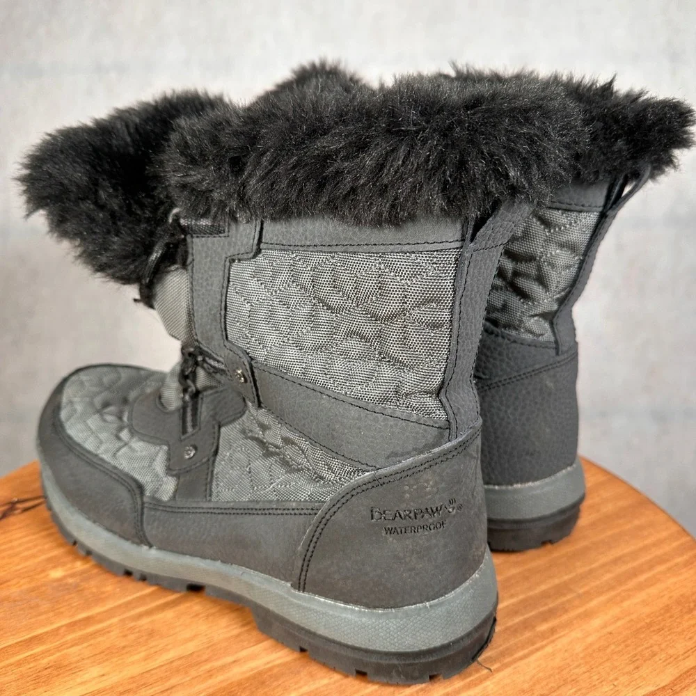 Bearpaw Winter Boots Women Size 11 Black Waterproof Quilted Faux Fur Good